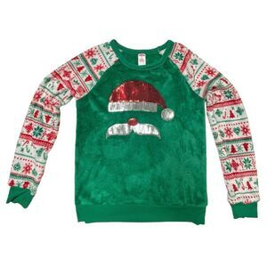 Holiday Time Jrs Sz M (7-9) Fleece Sequin Santa‎ Shirt Ugly Christmas Snowflakes